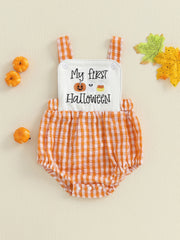 Baby Boy Halloween Pumpkin & Ghost Embroidery Plaid Romper