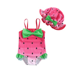 Baby Girl Watermelon Print Swimsuit With Hat