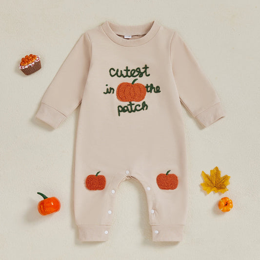Unisex Baby Long Sleeve Crew Neck Embroidery Pumpkin Halloween Romper