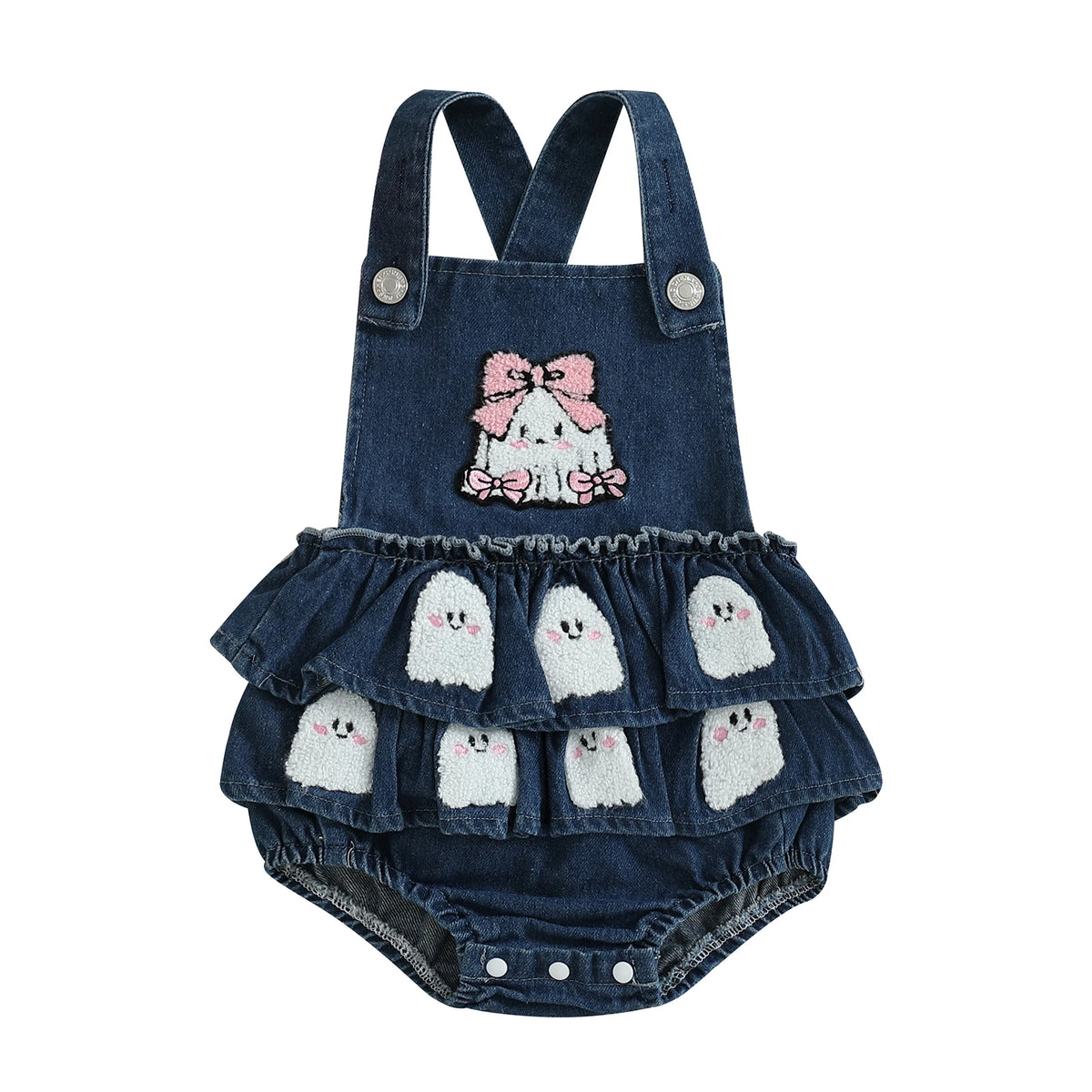Baby Girl Pumpkin & Ghost Embroidery Halloween Denim Romper