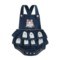Baby Girl Pumpkin & Ghost Embroidery Halloween Denim Romper