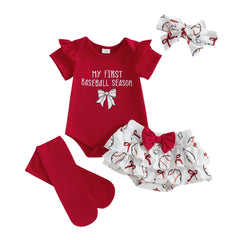 Baby Girl Letter Bow Print Baseball Season Outfit
