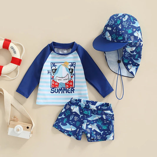 Baby Boy Cartoon Striped Shark Print Swimsuit