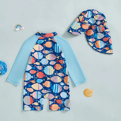 Baby Boy UV Swim Set – Fish Print Rash Guard with Half Zipper & Sunhat