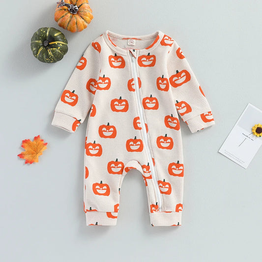 0–24M Baby Long Sleeve, Zipper, Fall/Halloween Pumpkin Romper