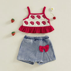 Baby Girl Strawberry Crochet Cami Top and Bow Denim Skorts Set