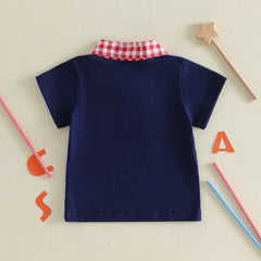 Baby Boy Letter Embroidered Plaid Collared 4th of July Shirt