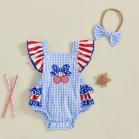 Baby Girls Patriotic Casual Cherry Embroidery Plaid Fly Sleeves Jumpsuit and Headband Set