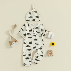 Baby Boys Dinosaur Print Long Sleeve Romper & Hat Fall Outfit Set