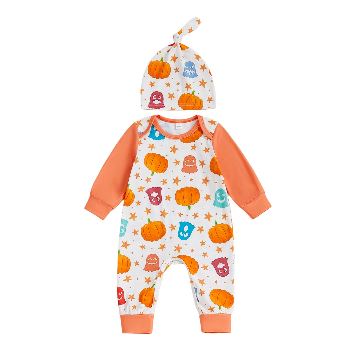 Baby Girl Ghost & Pumpkin Print Romper , Long Sleeves, and Matching Hat