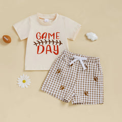 Toddler Baby Boy Letter Print Tee & Plaid Shorts 2-Piece Football Outfit
