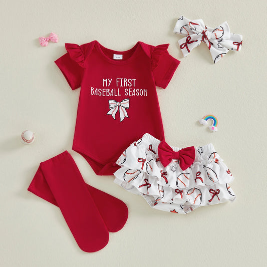 Baby Girl Letter Bow Print Baseball Season Outfit