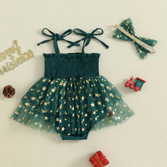 Newborn Baby Girl Christmas Smocked Romper with Headband