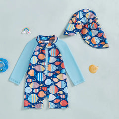 Baby Boy UV Swim Set – Fish Print Rash Guard with Half Zipper & Sunhat