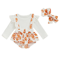 Baby Girl Halloween Pumpkin Long Sleeve Jumpsuit Romper with Ruffled Hem & Headband