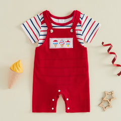 Baby Boys 4th of July Outfit Striped Romper with Flag Embroidery Overalls