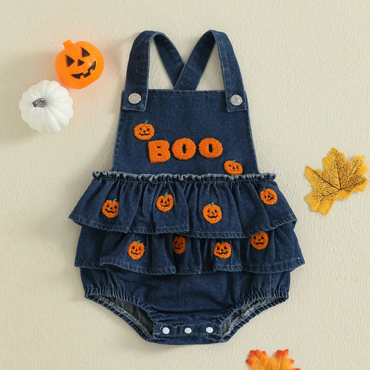 Baby Girl Pumpkin & Ghost Embroidery Halloween Denim Romper