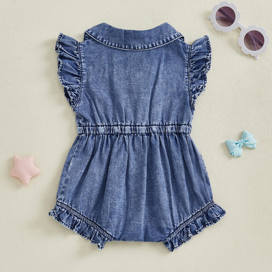 Baby Girl Denim Onesie  Fly Sleeve, Button-Up Bodysuit