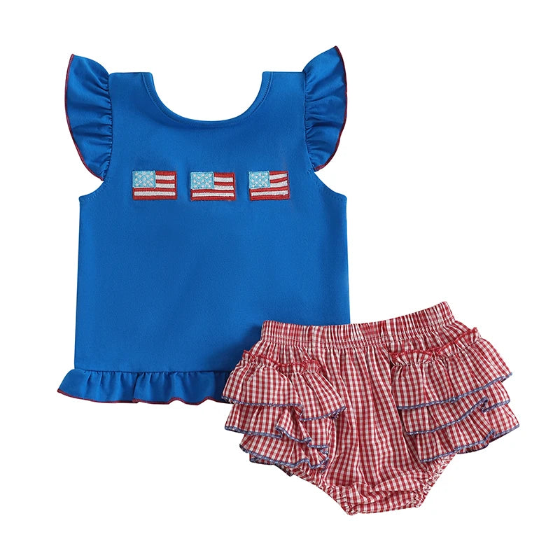 Baby Girls Independence Day Flag Embroidery Shorts Sets