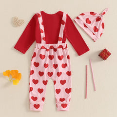 Baby Boy Long-Sleeve Romper, Suspender Pants, and Hat Valentine’s outfit