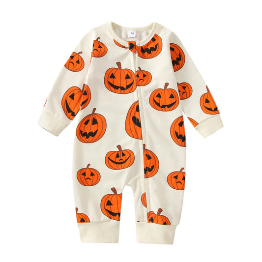 0–24M Baby Boy Halloween Long Sleeve Zipper Pumpkin Romper