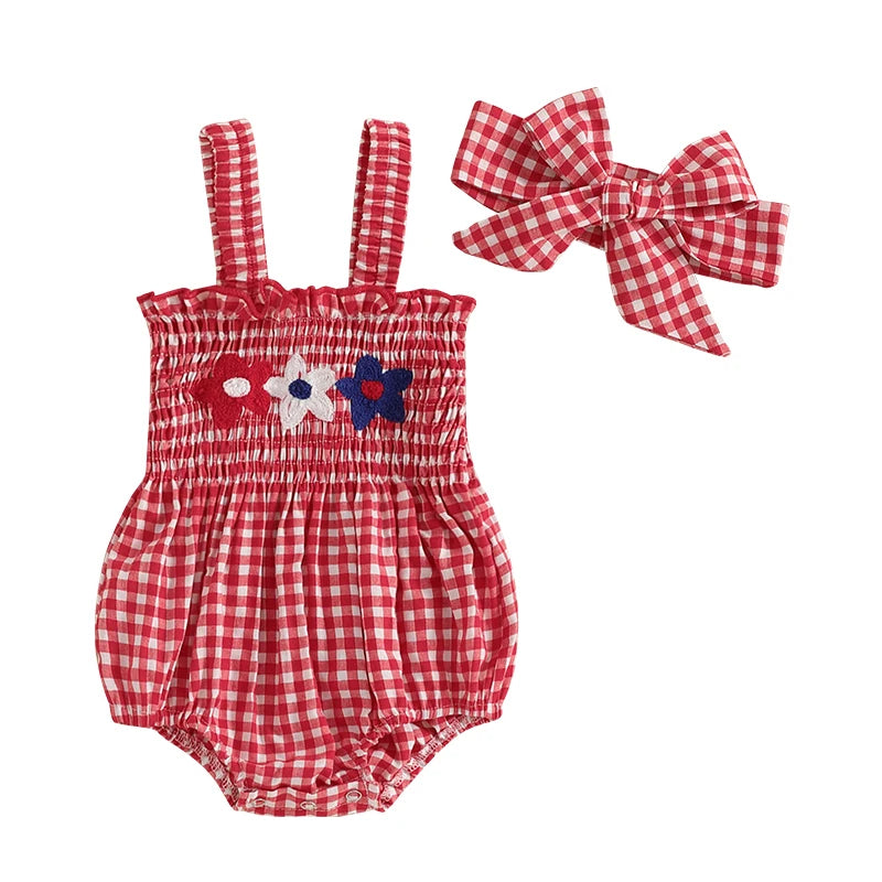 Baby Girl July 4th Outfit Plaid Letter Embroidery Romper Headband Summer Set