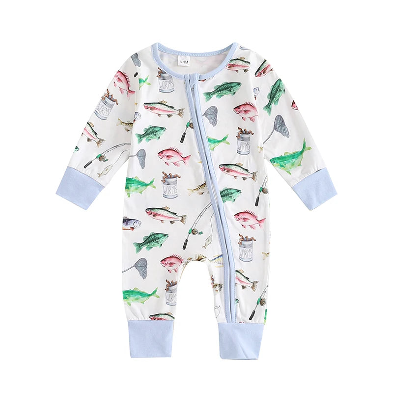 Baby Boys Autumn Long Sleeve Crew Neck Fish Print Romper