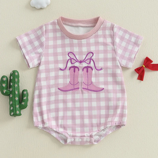 Baby Girls Western Boots Embroidered Plaid Short-Sleeve Onesie