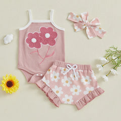 Baby Girl Embroidered Romper, Ruffle Shorts & Headband Set