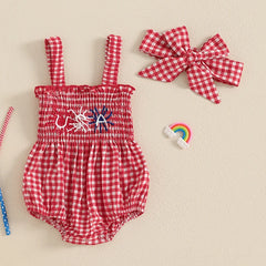 Baby Girl July 4th Outfit Plaid Letter Embroidery Romper Headband Summer Set