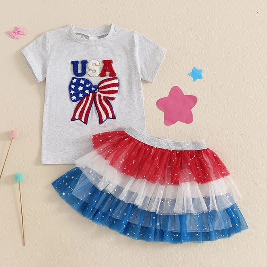 Baby Girl Letter Bow Embroidery 4th of July Outfit