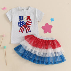 Baby Girl Letter Bow Embroidery 4th of July Outfit