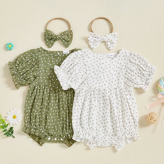 Baby Girl Solid Color Short Sleeve Onesie with Headband