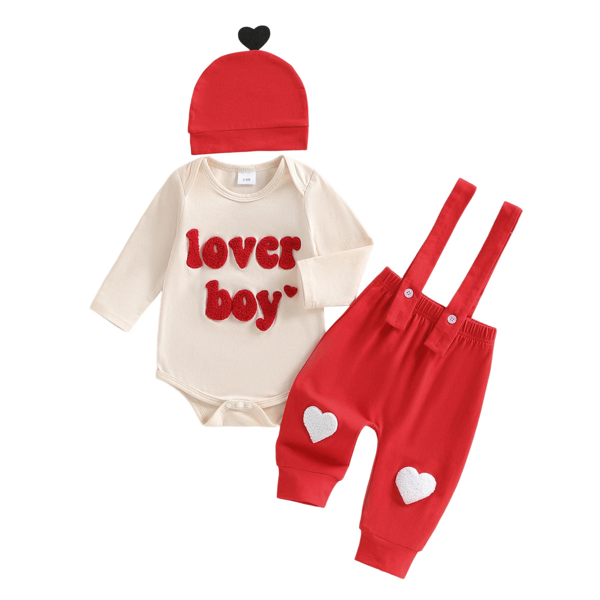 Baby Boy Valentine’s Embroidered Romper, Suspender Pants, and Hat