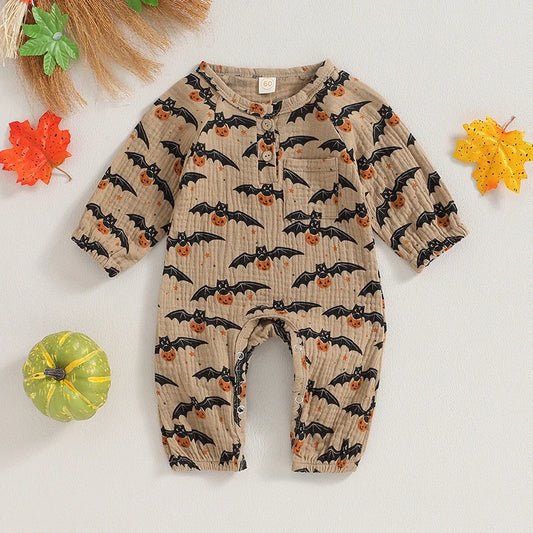 Unisex Baby Long Sleeve Pumpkin Bat Print Halloween Romper