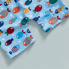 Baby Boy UV Swim Set – Fish Print Rash Guard with Half Zipper & Sunhat