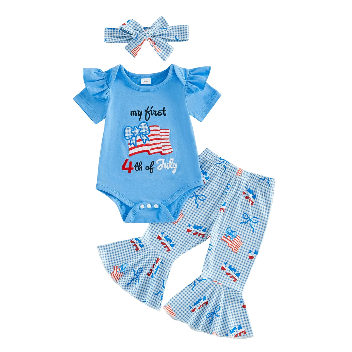 Baby Girls Letter Embroidery Romper and Plaid Bow 4th of July Outfit