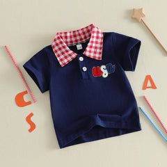 Baby Boy Letter Embroidered Plaid Collared 4th of July Shirt