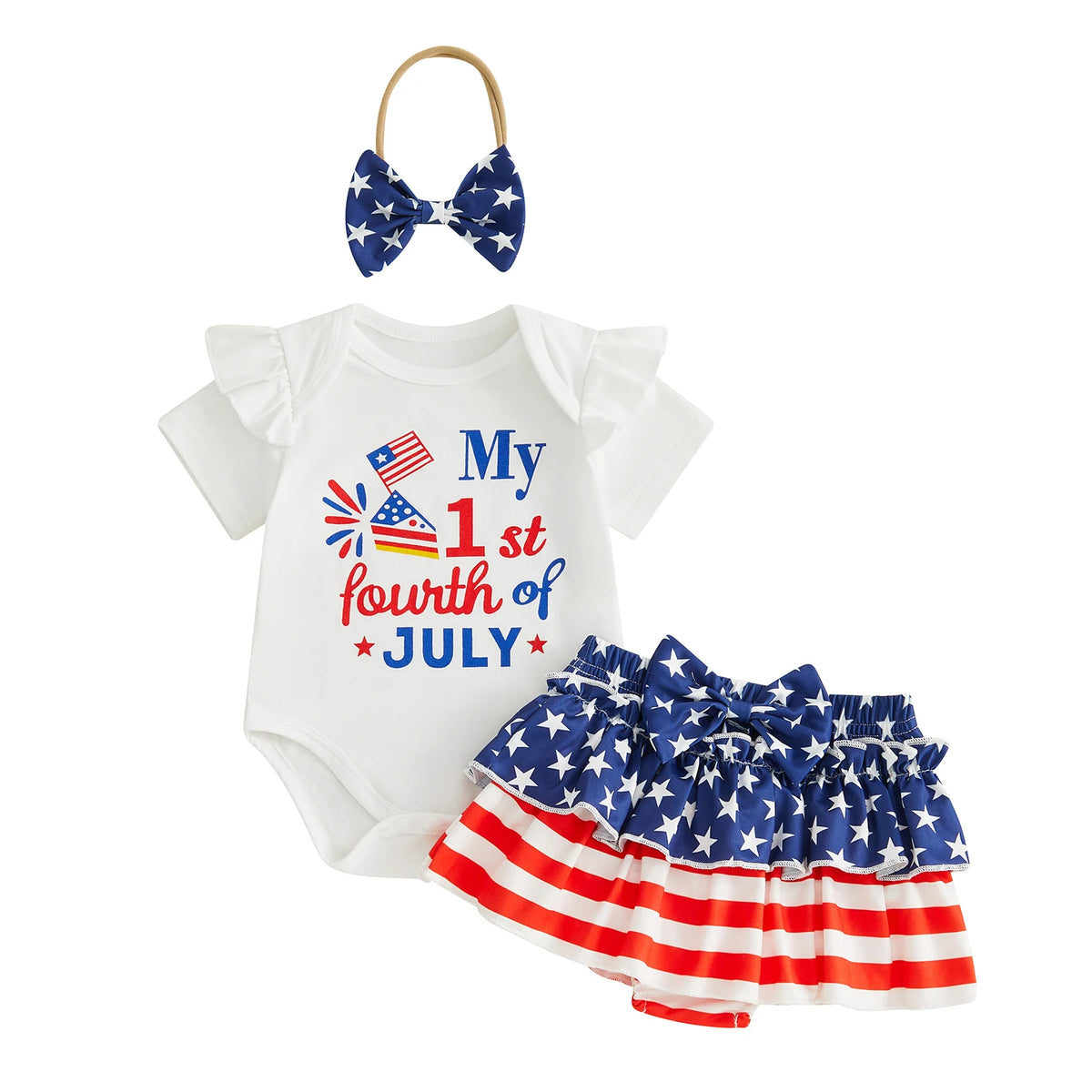 Baby Girl Star Pattern Independence Day Outfit With Matching Headband