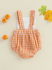 Baby Boy Halloween Pumpkin & Ghost Embroidery Plaid Romper