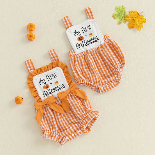 Baby Boy Halloween Pumpkin & Ghost Embroidery Plaid Romper