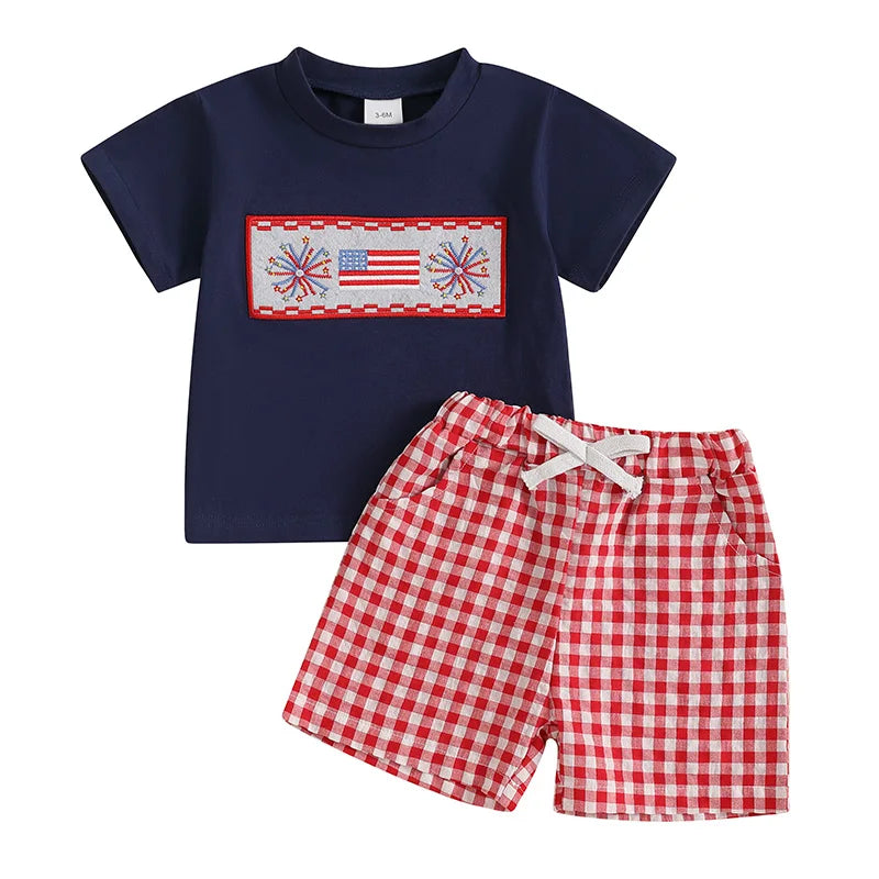 Baby Boy 4th of July Outfits Short Sleeve Truck/Flag Embroidery T Shirt + Shorts Set