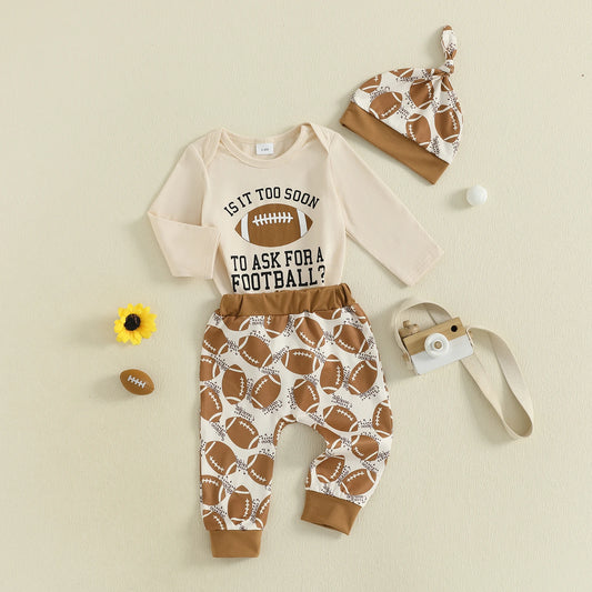 Baby Boy Football Romper, Pants & Knotted Hat Fall Outfit