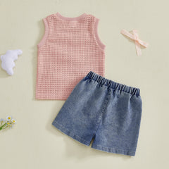 Baby Girl Sleeveless Bow Front Tank + Denim Shorts Outfit