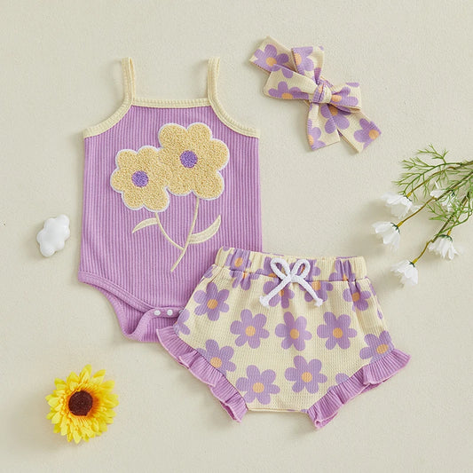 Baby Girl Embroidered Romper, Ruffle Shorts & Headband Set