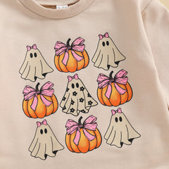Newborn Girl Long Sleeve Ghost & Pumpkin Print with Bow Halloween Onesie