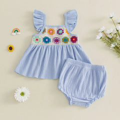 Baby Girl Summer Crochet Flower Tops + Shorts Set