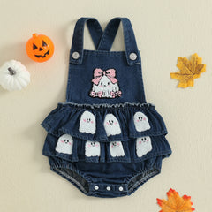 Baby Girl Pumpkin & Ghost Embroidery Halloween Denim Romper