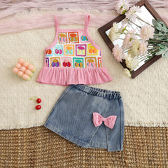 Baby Girl Strawberry Crochet Cami Top and Bow Denim Skorts Set