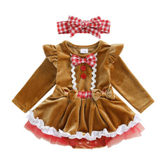 Baby Girl Christmas Gingerbread Romper Dress & Bow Set